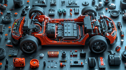 isometric diagram of a cutaway modern EV car showing all the components,generative ai