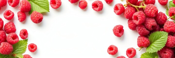raspberries on border side on plain white background copyspace banner from Generative AI