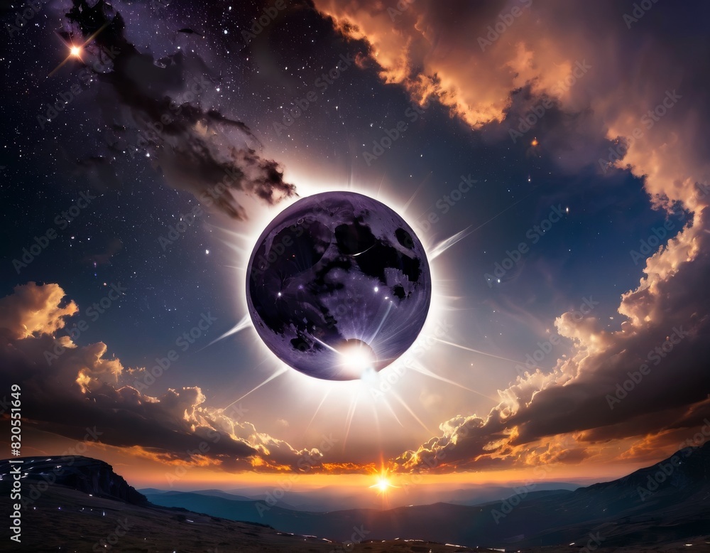 Poster a fantasy landscape where a massive lunar eclipse converges with a serene sunset, casting a dual lig