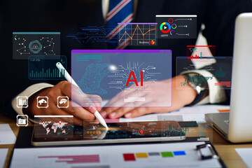 Ai tech, businessman show virtual graphic Global Internet connect. businessman using technology AI...