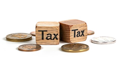 Wooden cubes with the word Tax on them, sitting next to coins on a white background.