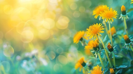 Floral summer spring background Yellow dandelion flowers closeup in a field on nature on a dark blue green background in evening at sunset Colorful artistic image free copy space : Generative AI