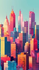 A beautiful watercolor painting of a cityscape with a blue sky and pink, purple, and yellow buildings.