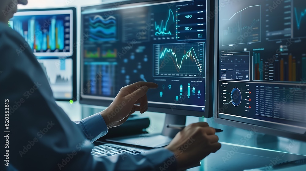 Aufkleber An analyst uses a computer and dashboard for data business analysis and Data Management System with KPI and metrics connected to the database for technology finance operations sales ma : Generative AI