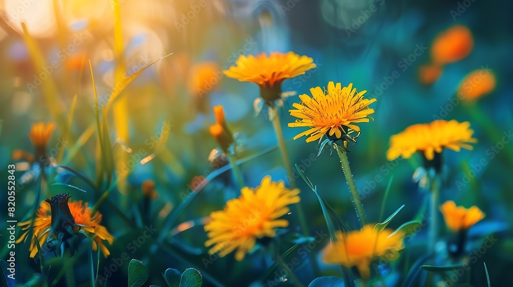 Aufkleber floral summer spring background yellow dandelion flowers closeup in a field on nature on a dark blue