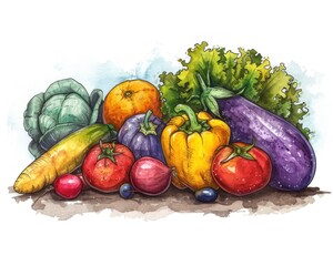 A variety of fresh vegetables and fruits are arranged together on a white background