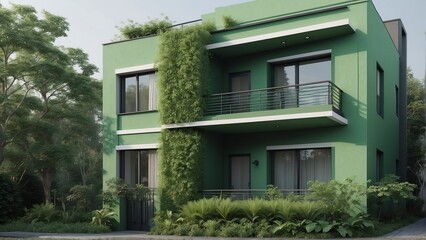 Fototapeta na wymiar green theme apartment duplex house facade for sale from Generative AI