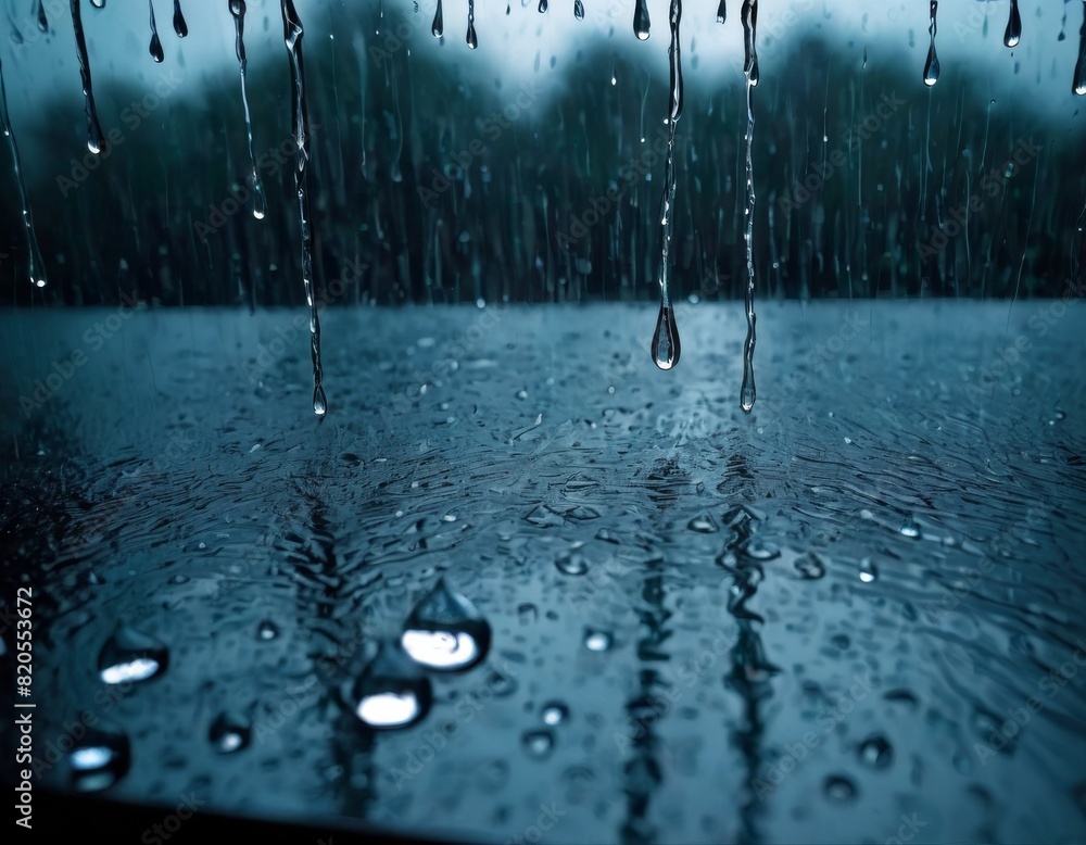 Poster close-up view of fresh raindrops falling and splashing on a wet surface with a dark, moody backdrop.