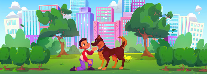 Boy with dog in green city park garden cartoon. Urban summer cityscape view with funny character and pet walk. Central town forest environment scene. Horizontal outdoor modern skyscraper graphic