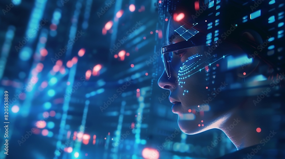 Poster Software coding hologram and woman on tablet thinking of data analytics digital technology and night overlay Programmer or IT person in glasses on 3d screen programming and cybersecuri : Generative AI