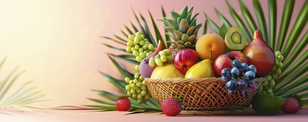 Still life of a wicker basket overflowing with fresh fruits including apples, grapes, pineapple, pomegranate, and pears.