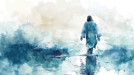Jesus Christ walking on the water. In the style of watercolor art © KhaizanGraphic