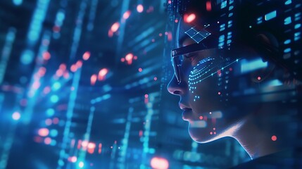 Software coding hologram and woman on tablet thinking of data analytics digital technology and night overlay Programmer or IT person in glasses on 3d screen programming and cybersecuri : Generative AI