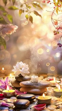  spa vertical background with stones and flowers , water and steam, natural light, tranquil atmosphere for relaxation and meditation, spa retreats, wellness centers, relaxation spaces.