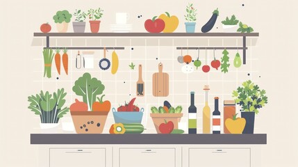 The image shows a variety of fresh vegetables and fruits on a kitchen shelf. There are also some cooking ingredients and utensils. The image is colorful and has a cartoonish style.