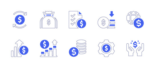 Dollar icon set. Duotone style line stroke and bold. Vector illustration. Containing profit, settings, money, price list, economy, money bag, graph, dollar symbol, money loss.