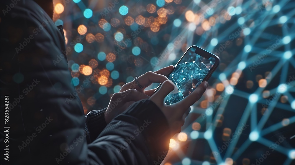 Fototapete Man using mobile smart phone with global network connection Technology innovative and communication concept : Generative AI