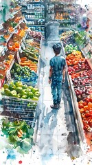 The photo shows a person walking down a grocery store aisle. The person is wearing a blue shirt and jeans. The aisle is full of colorful fruits and vegetables.