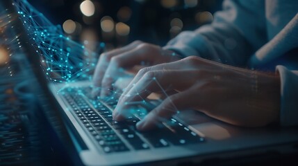 Closeup photo of male hands with laptop Man working remotely at home Concept of networking or remote work Global business network : Generative AI