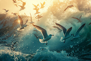 a view of tumultuous sea waves with huge sea birds albatross flying over to hunt for fish - Powered by Adobe