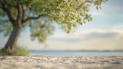 Fototapeta premium Beautiful sandy beach with blur sky and tree summer : Generative AI
