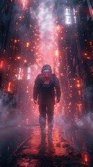 futuristic scene with glowing neon lights and a mysterious aura of cyber technology