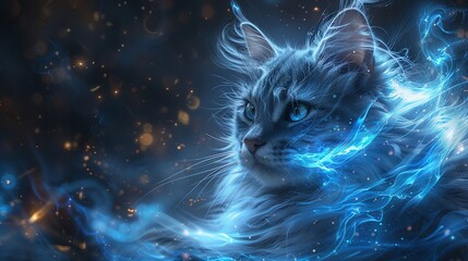 A blue aura casting a mesmerizing glow over a paradise frequented by mystical cats