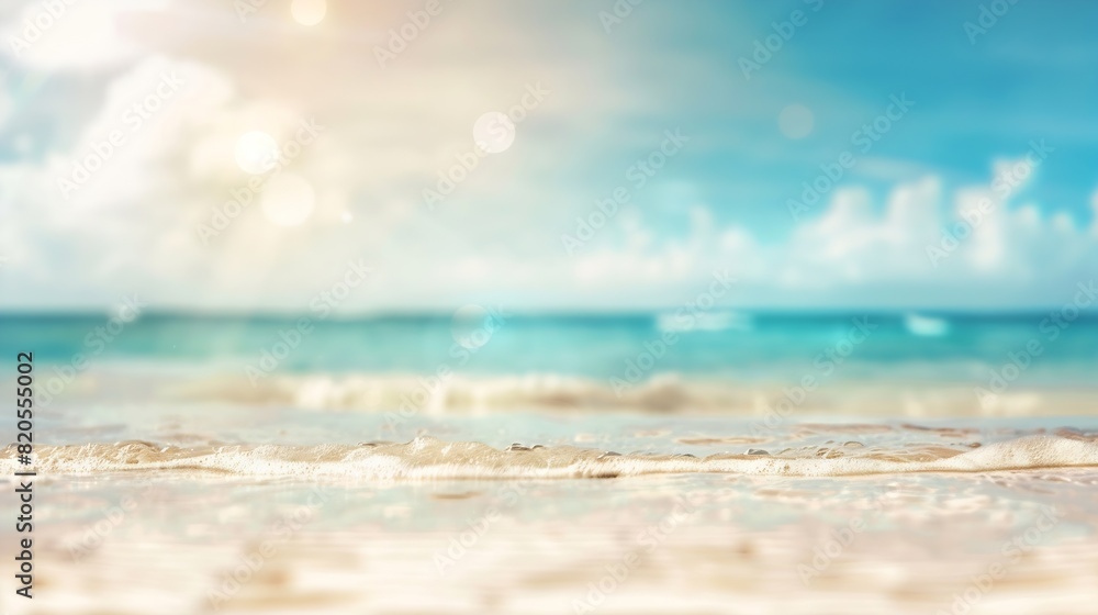 Wall mural Abstract blur defocused background nature of tropical summer beach with rays of sun light Golden sand beach sea water against blue sky with white clouds Copy space summer vacation conc : Generative AI