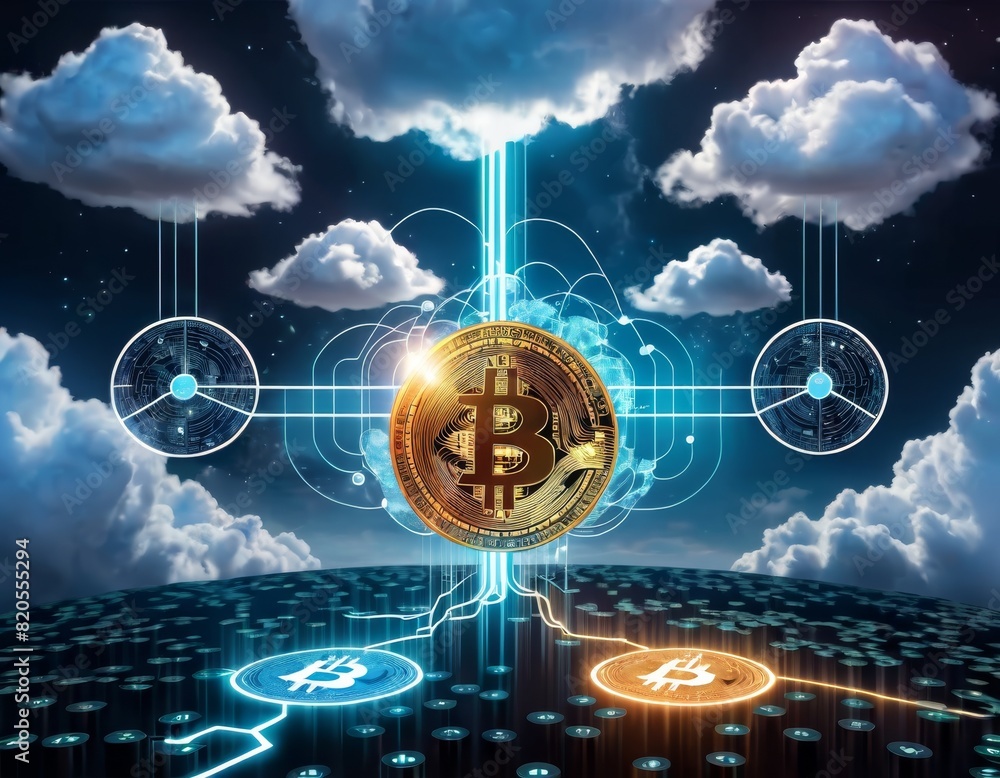 Poster a golden bitcoin symbol dominates the foreground with digital connections and cloud elements symboli