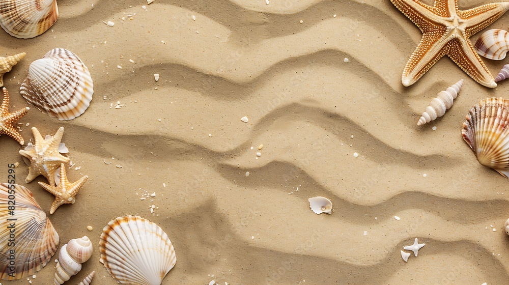 Poster Top view of a sandy beach texture with imprints of exotic seashells and starfish as natural textured background : Generative AI