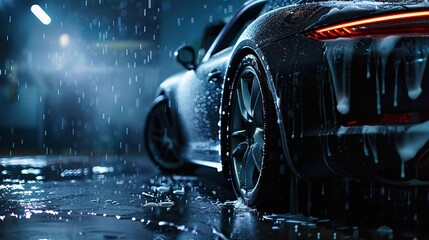 wet car, full car with freshly washed foam in car care. copy space for text.