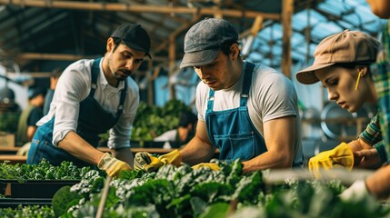 Young and mature adults working in agriculture factory. copy space for text.