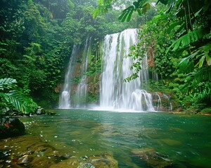 Green rainforest waterfall, cascading water, bright day, high definition, eye level shots.