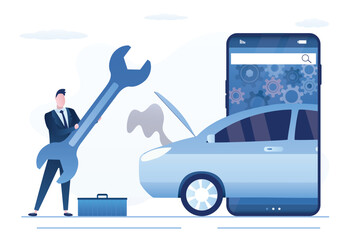 Online repair car service. Professional automobile maintenance and service application. Full time service. Mobile phone app for find auto repair shop. Repairman with tools.