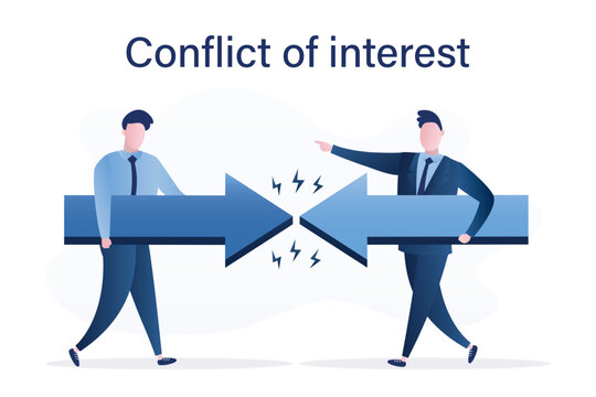 Conflict of interest, business concept. Two businessmen keep giant arrows against each other. Rivalry metaphor. Confrontation, different opinion. Competitiveness symbol