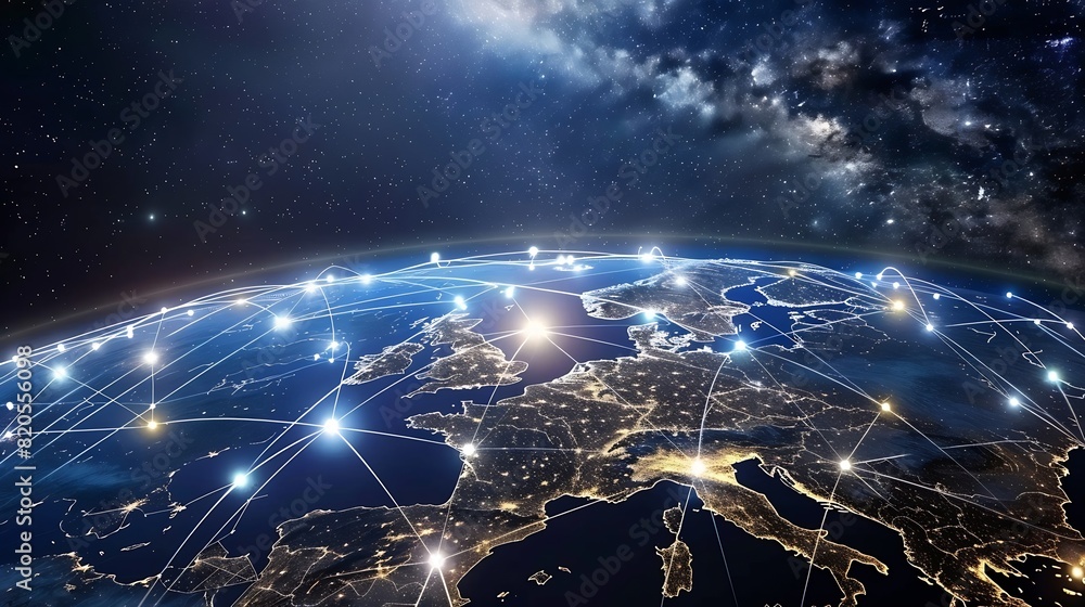 Poster Communication technology with global internet network connected in Europe Telecommunication and data transfer european connection links IoT finance business blockchain security : Generative AI
