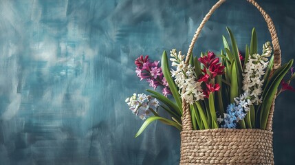 Beautiful straw bag with seasonal flowers of hyacinth and carnation blossom : Generative AI