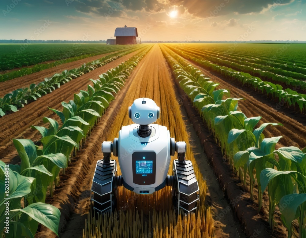 Poster an autonomous farming robot examines crops in a vast field during sunset, with a barn and lush farml