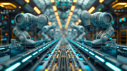 Control unit directs robotic arms in a logistics setting, orchestrating product placement on conveyor belts.generative ai