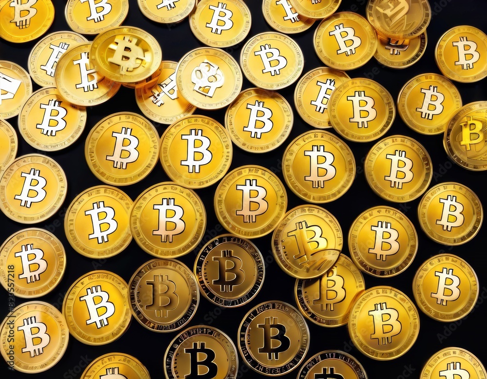 Poster numerous golden bitcoin tokens are spread across the surface, symbolizing cryptocurrency wealth and 