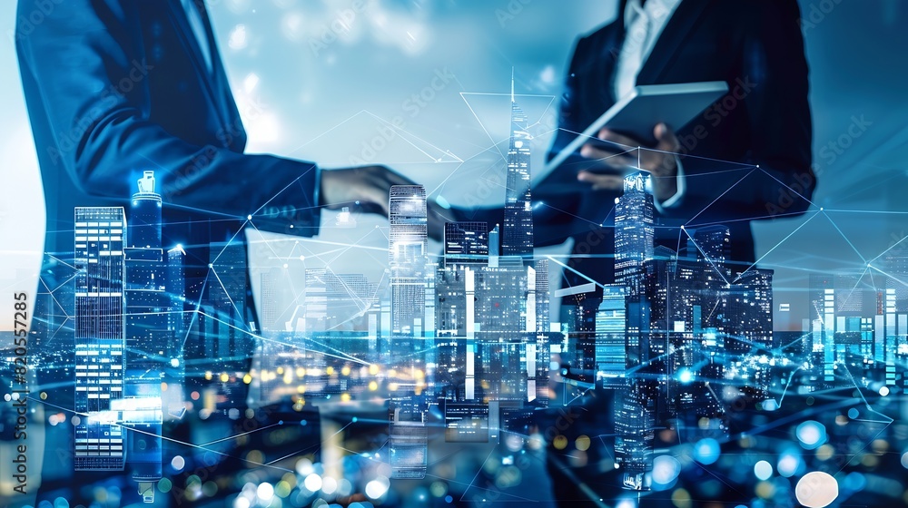 Poster digital technology business network connection teamwork deal partnership and data exchange investmen