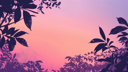A row of tree silhouettes with twisted twigs against a pink and violet dusk sky, creating a serene...