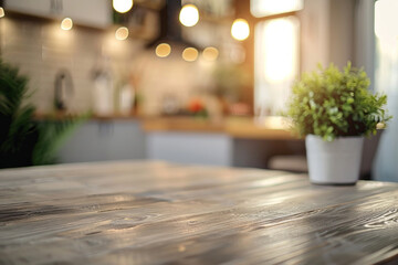 A desk top with blurred background of kitchen. Good for background