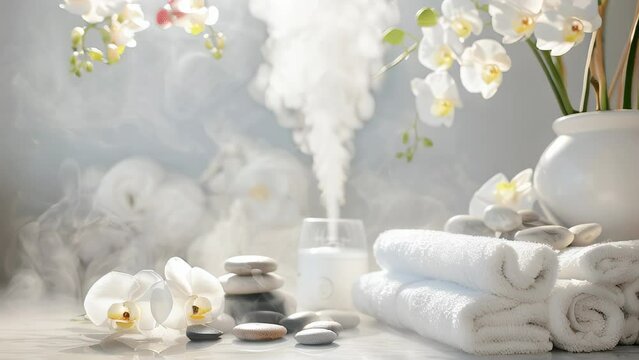 luxurious spa video background with candles, rolled towels, and flowers, serene atmosphere for relaxation and wellness, concept for spa retreats, beauty salons, wellness centers.