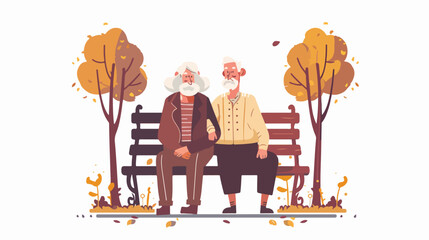 Old man and woman or grandparents sitting on bench. P