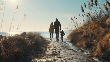 Lets go splish and splash Rearview shot of a happy family walking towards the sea : Generative AI