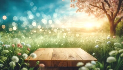 A bright, sunny spring scene viewed from a wooden deck, overlooking a meadow with blooming flowers and a tree, with bokeh lights adding a magical touch.