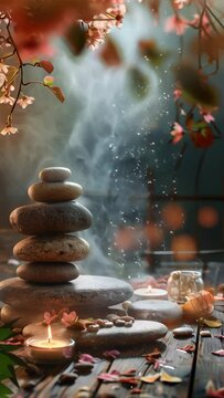  spa vertical background with stones and flowers , water and steam, natural light, tranquil atmosphere for relaxation and meditation, spa retreats, wellness centers, relaxation spaces.