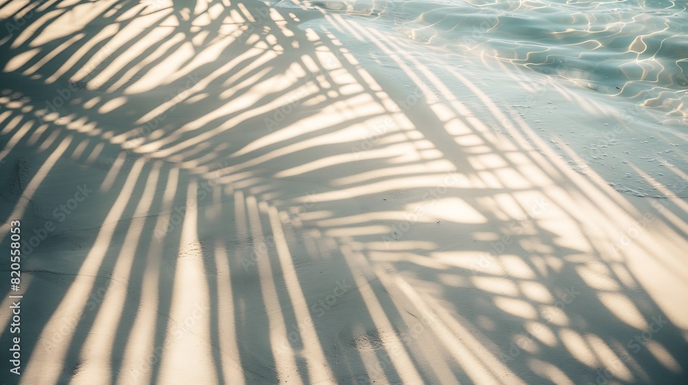 Poster palm leaf shadow on abstract white sand beach background sun lights on water surface beautiful abstr