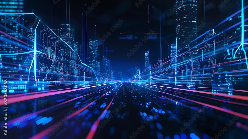 Poster Smart city and abstract polygon pattern connection with speed line light big data connection technology concept : Generative AI